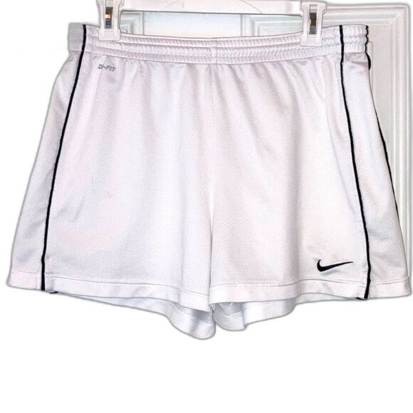 NIKE Dri-FIT Sport Workout White with Black Logo Shorts Womens Large - Picture 1 of 12